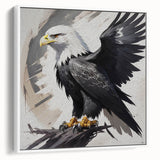 Framed canvas wall art showcasing a vibrant birds of prey design, displayed in a modern white frame, perfect for adding elegance to home decor.