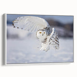 Framed canvas wall art featuring a stylized bird design in vibrant colors, displayed at an angle to showcase its elegant white frame and quality craftsmanship, perfect for home decor.