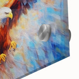 Close-up of a vibrant acrylic and glass wall art piece from the Birds of Prey collection, showcasing detailed bird illustrations in rich colors against a sleek backdrop, perfect for modern home decor.