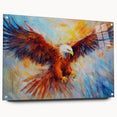 Acrylic wall art featuring a vibrant birds of prey design, displayed in a side view showcasing sharp details and colors, with mounting pins for easy hanging.