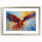 Framed wall art featuring a detailed birds of prey design, showcasing intricate illustrations in vibrant colors, set in a sleek silver frame with a mat.