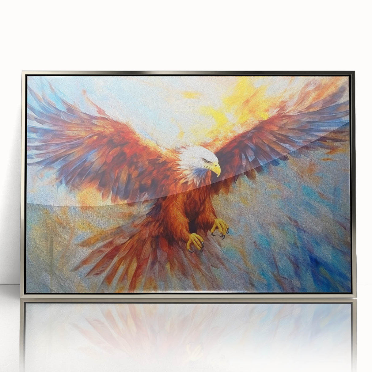 Framed acrylic wall art featuring a striking "Birds of Prey" design, showcasing vivid colors and intricate details, set against a sleek silver frame, ideal for modern decor.