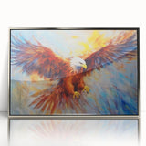 Framed acrylic wall art featuring a striking "Birds of Prey" design, showcasing vivid colors and intricate details, set against a sleek silver frame, ideal for modern decor.