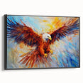 Framed canvas wall art titled "Birds of Pray" showcasing a vibrant design of various birds in flight, highlighted by a sleek black frame and side view for depth.