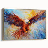Framed wall art featuring a striking birds of prey design on canvas, showcasing vibrant colors and intricate details, set against a sleek gold frame. Perfect for nature lovers and modern home decor.