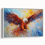 Framed canvas wall art from the Birds of Prey collection, showcasing a vibrant design of various birds in flight against a white background, ideal for nature enthusiasts.