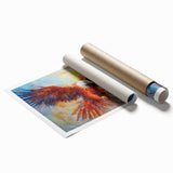Vibrant wall art print featuring an intricate design of birds, showcasing various colors and patterns, rolled and ready for display in a stylish setting.