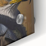 Close-up of a vibrant acrylic glass artwork featuring a colorful birds of prey design, showcasing intricate details and bold colors ideal for modern home decor.