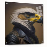 Acrylic glass wall art featuring a vibrant "Birds of Pray" design, showcasing colorful bird illustrations. The artwork is displayed from the side, highlighting its sleek profile and pin mountings for easy hanging. Perfect for nature lovers and modern decor enthusiasts.