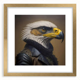 Framed wall art featuring a striking design of birds of prey, with a gold frame and mat, displayed in a front view to highlight intricate details and colors.