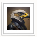 Framed wall art depicting a vibrant birds-of-prey design, featuring intricate details and a white mat, ideal for enhancing modern decor in living spaces.