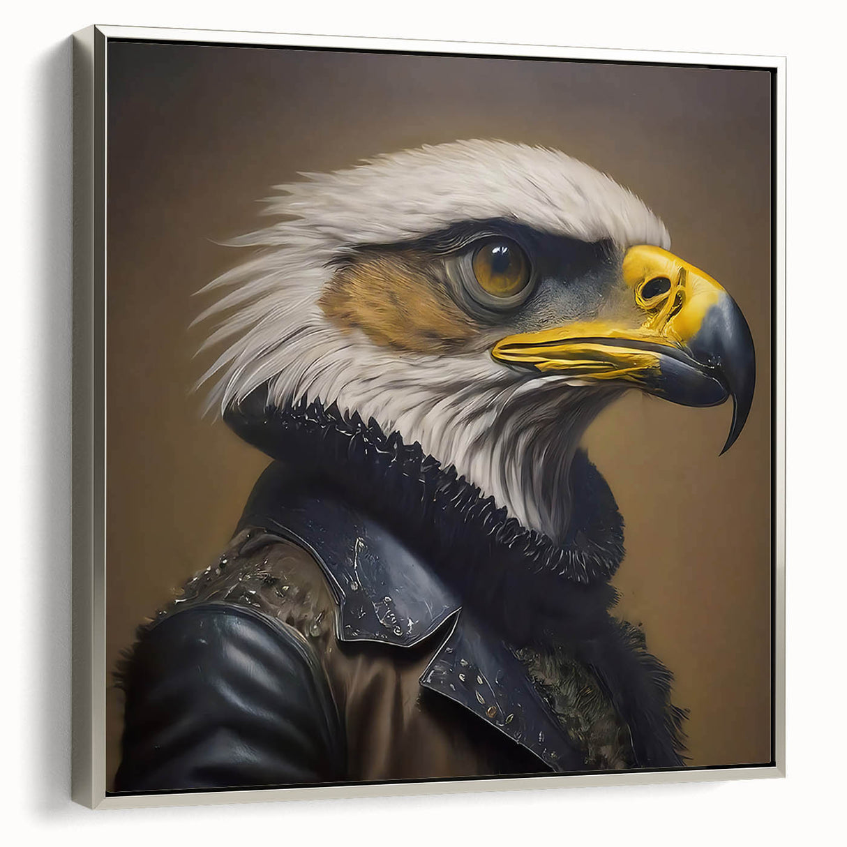 Framed canvas wall art featuring a stylized bird design in silver tones, showcasing intricate details and a modern aesthetic. Ideal for contemporary home decor.