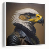 Framed canvas wall art showcasing a vibrant bird design from the "Birds of Pray" collection, displayed in a modern white frame, perfect for home decor.