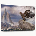 Acrylic wall art collection featuring a vibrant birds of prey design, displayed in a side view with visible mounting pins, showcasing intricate details and colors.