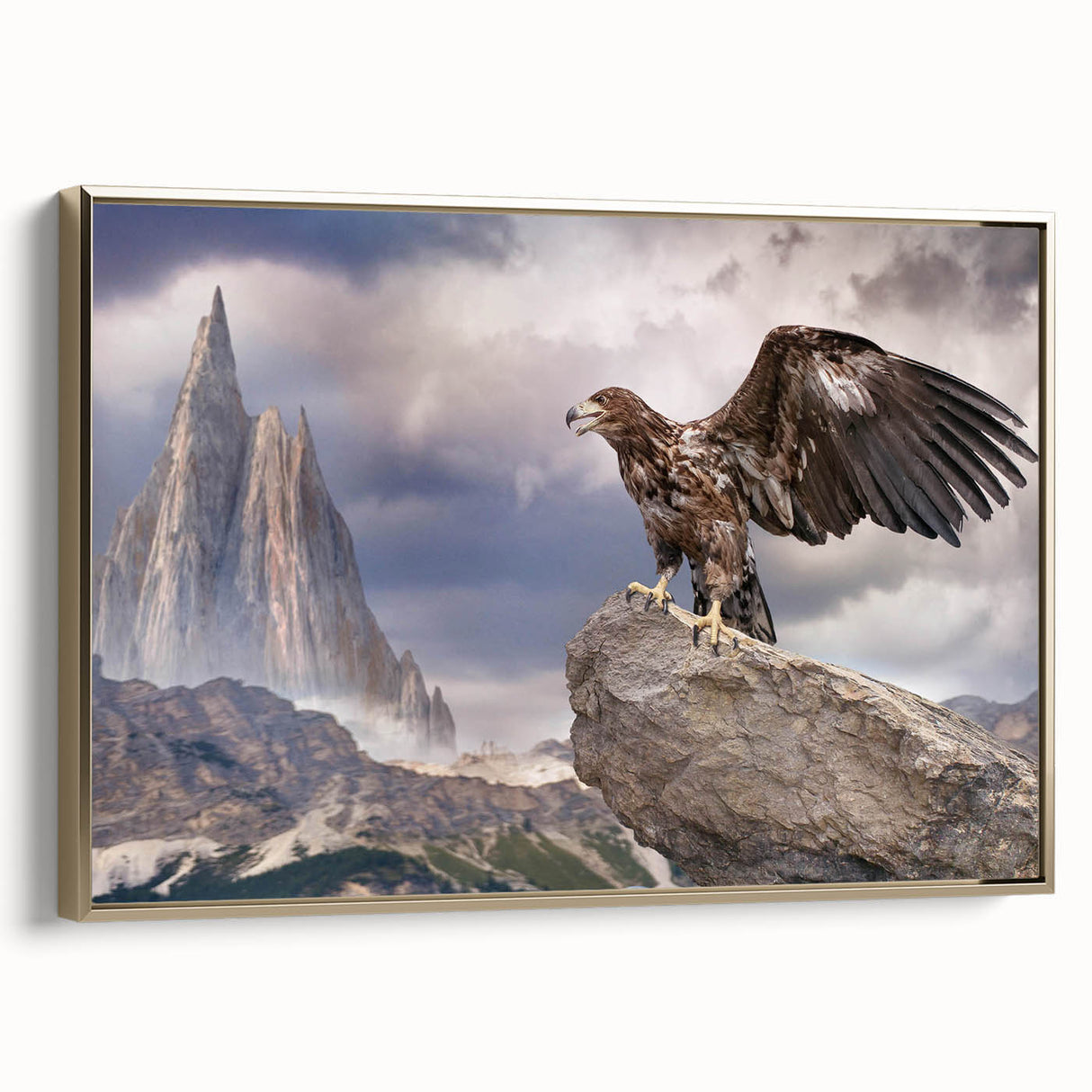 Framed canvas wall art showcasing a majestic bird of prey design in rich gold tones, elegantly displayed with a sleek side view, perfect for home decor.
