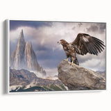 Framed wall art featuring a stunning depiction of birds of prey in flight, set against a sleek white background, showcasing vibrant colors and intricate details. Perfect for nature enthusiasts and art lovers, this canvas adds elegance to any space.