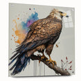Side view of a framed acrylic glass wall art piece showcasing a vibrant bird design from the "Birds of Prey" collection, elegantly displayed with decorative pins. The artwork features rich colors and intricate details, perfect for enhancing any modern home decor.