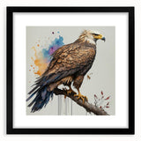 Black-framed wall art featuring a vibrant bird design from the "Birds of Pray" collection, showcasing intricate details and colorful elements, perfect for home decor.