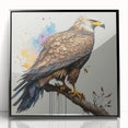 Framed acrylic wall art featuring a striking design of colorful birds from the 'Birds of Pray' collection, set against a sleek black background, ideal for modern home decor.