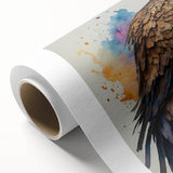 Vibrant rolled canvas showcasing a striking bird-themed wall art design with intricate details and rich colors, ideal for home decor enhancement.