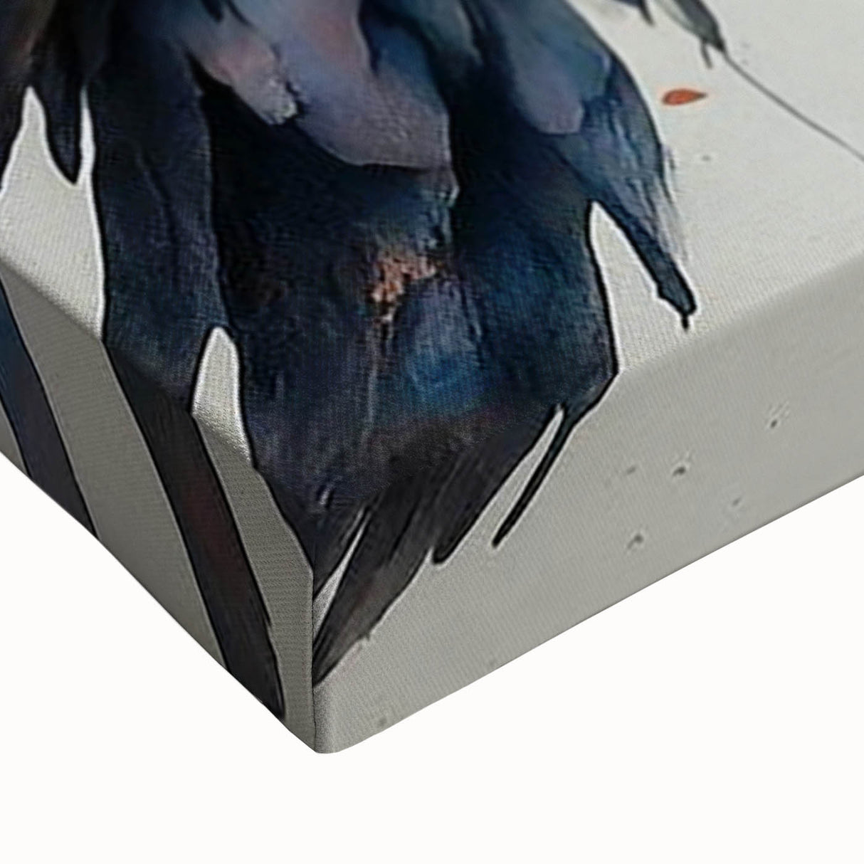 Close-up of a vibrant, stretched canvas wall art piece depicting a colorful bird design, featuring intricate details and textures, perfect for home decor.