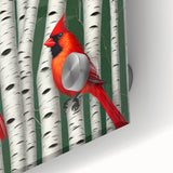 Close-up of a vibrant cardinal wall art design featuring rich reds and intricate details, printed on acrylic glass for a striking home decor accent.