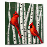Acrylic glass wall art featuring vibrant red cardinal birds perched on branches, showcased in a side view without pins, perfect for nature-themed decor.