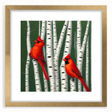 Framed wall art featuring a vibrant cardinal bird design in red and gold, elegantly matted, showcasing a modern aesthetic suitable for home decor.