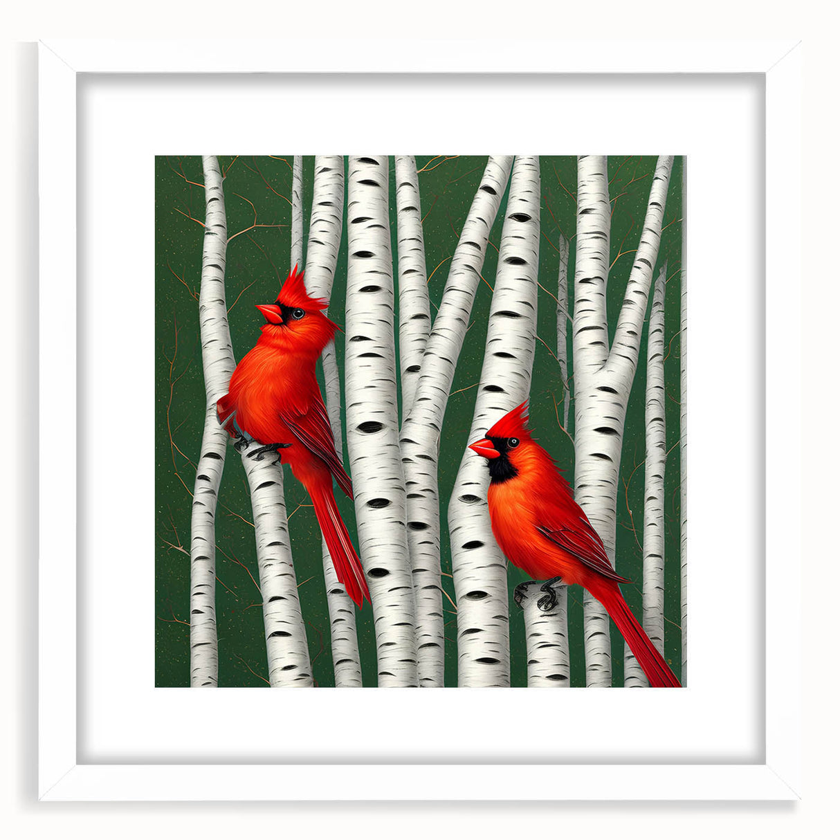 Framed wall art featuring a vibrant cardinal bird design on a white background, showcasing intricate details and colors, perfect for nature lovers' home decor.
