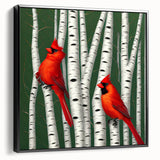 Framed canvas wall art featuring a vibrant cardinal bird design against a black background, showcasing rich colors and intricate detailing, ideal for nature lovers and home decor enthusiasts.