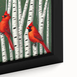 Close-up of a framed canvas wall art featuring a vibrant cardinal bird design, showcasing rich reds and intricate details, perfect for nature-themed decor.