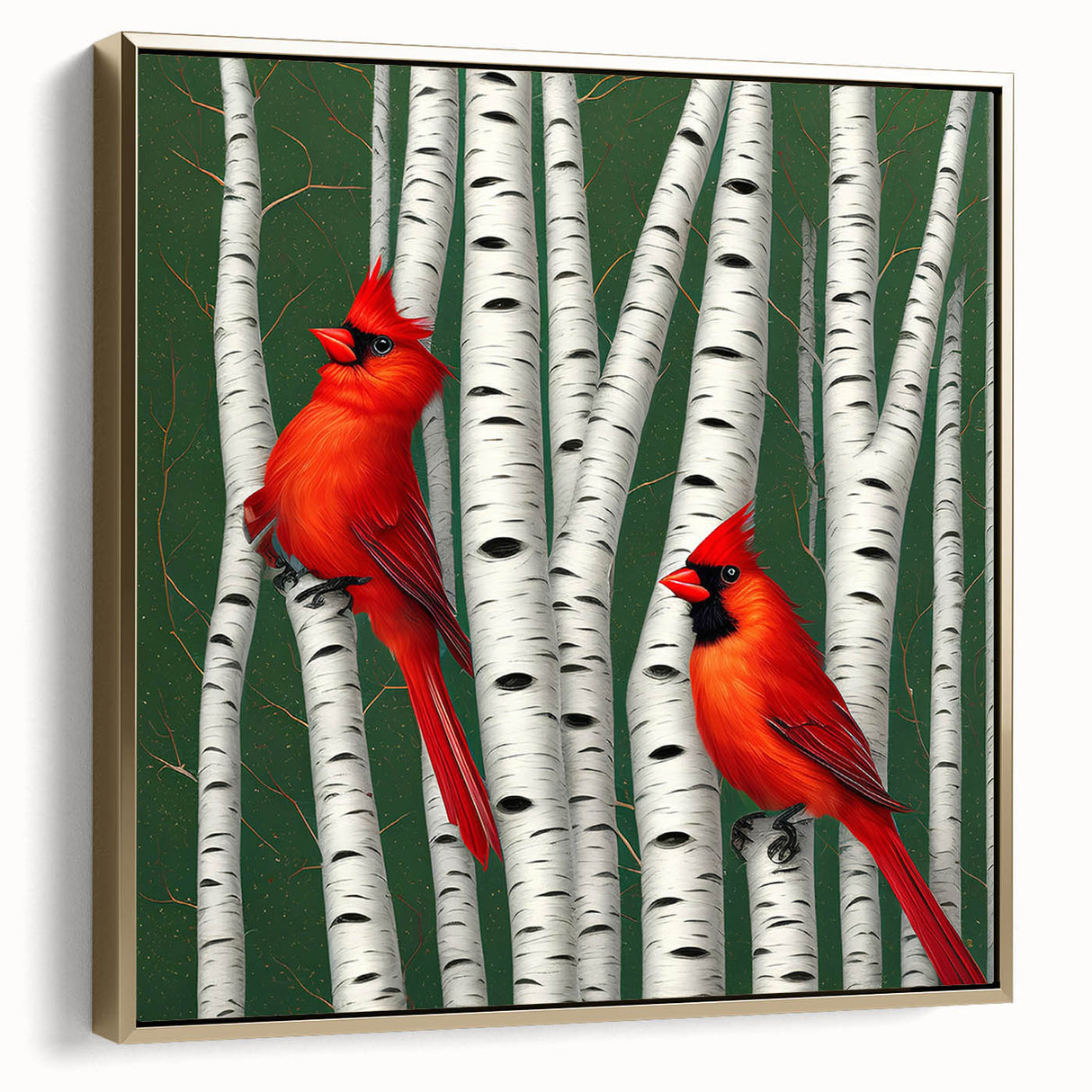 Framed canvas wall art featuring a vibrant cardinal bird design in rich reds and golds, showcasing detailed textures and a modern aesthetic, perfect for home decor.