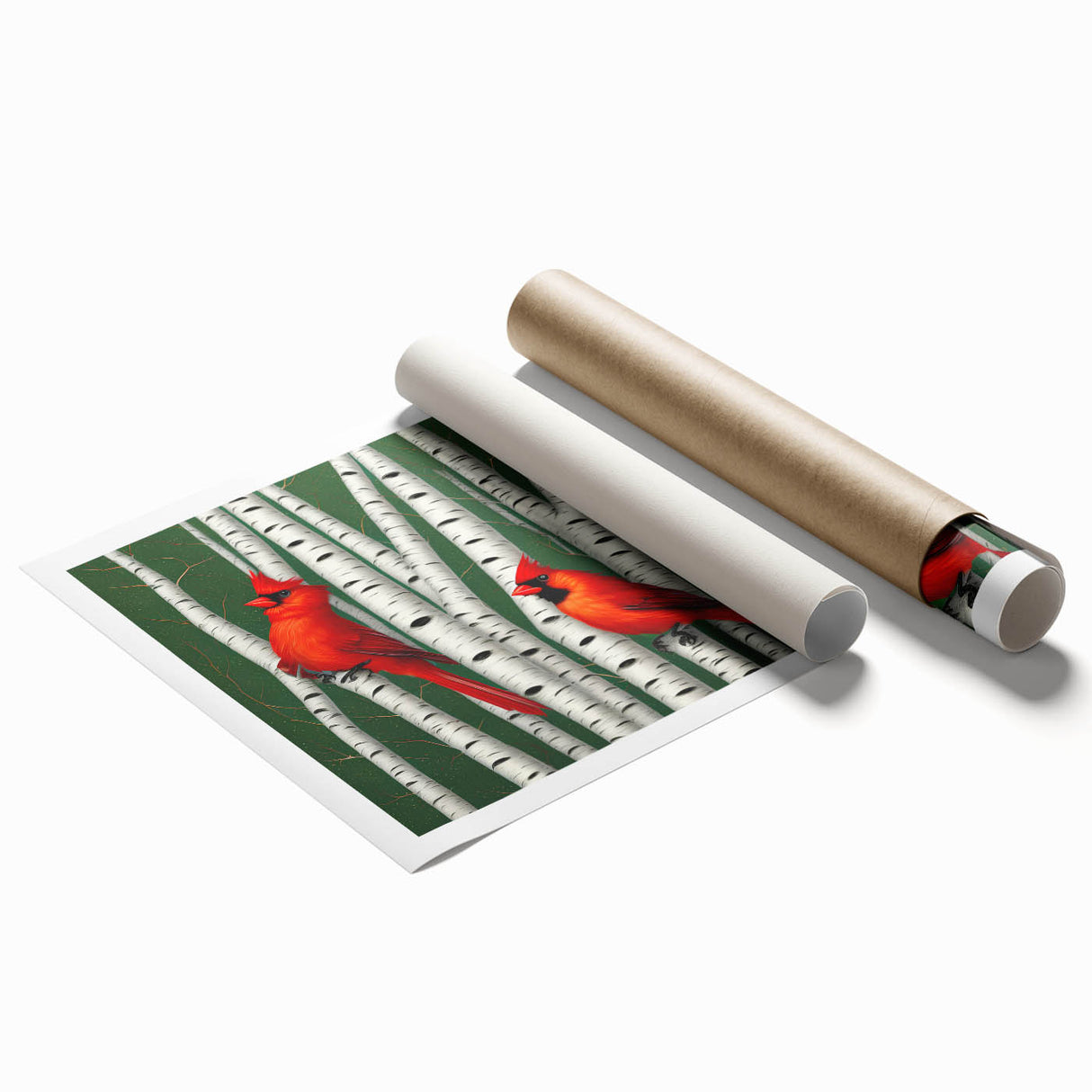 Vibrant cardinal bird wall art print featuring bold red and green colors, beautifully rolled and ready for framing, showcasing intricate details of nature.