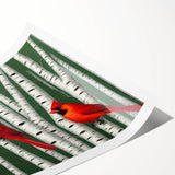 Vibrant cardinal bird wall art print showcasing rich red and green hues, perfect for nature-themed decor, elegantly rolled and ready for framing.