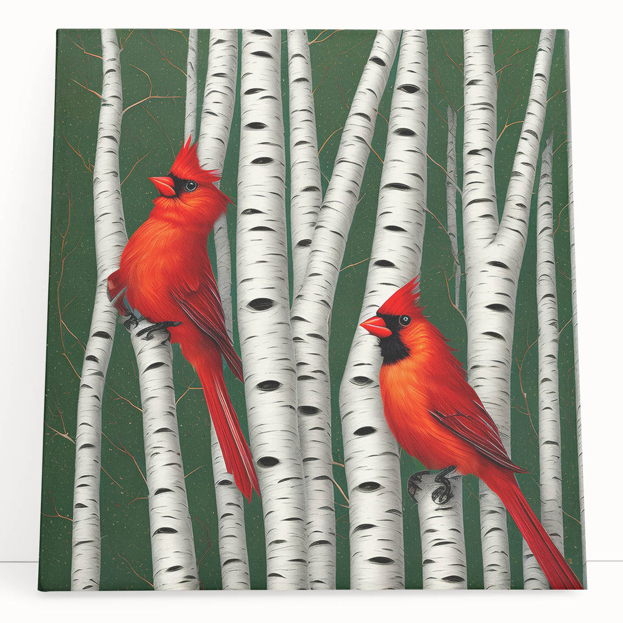 Stretched canvas wall art featuring vibrant red cardinals perched on delicate branches against a soft, neutral background, perfect for home décor and nature lovers.