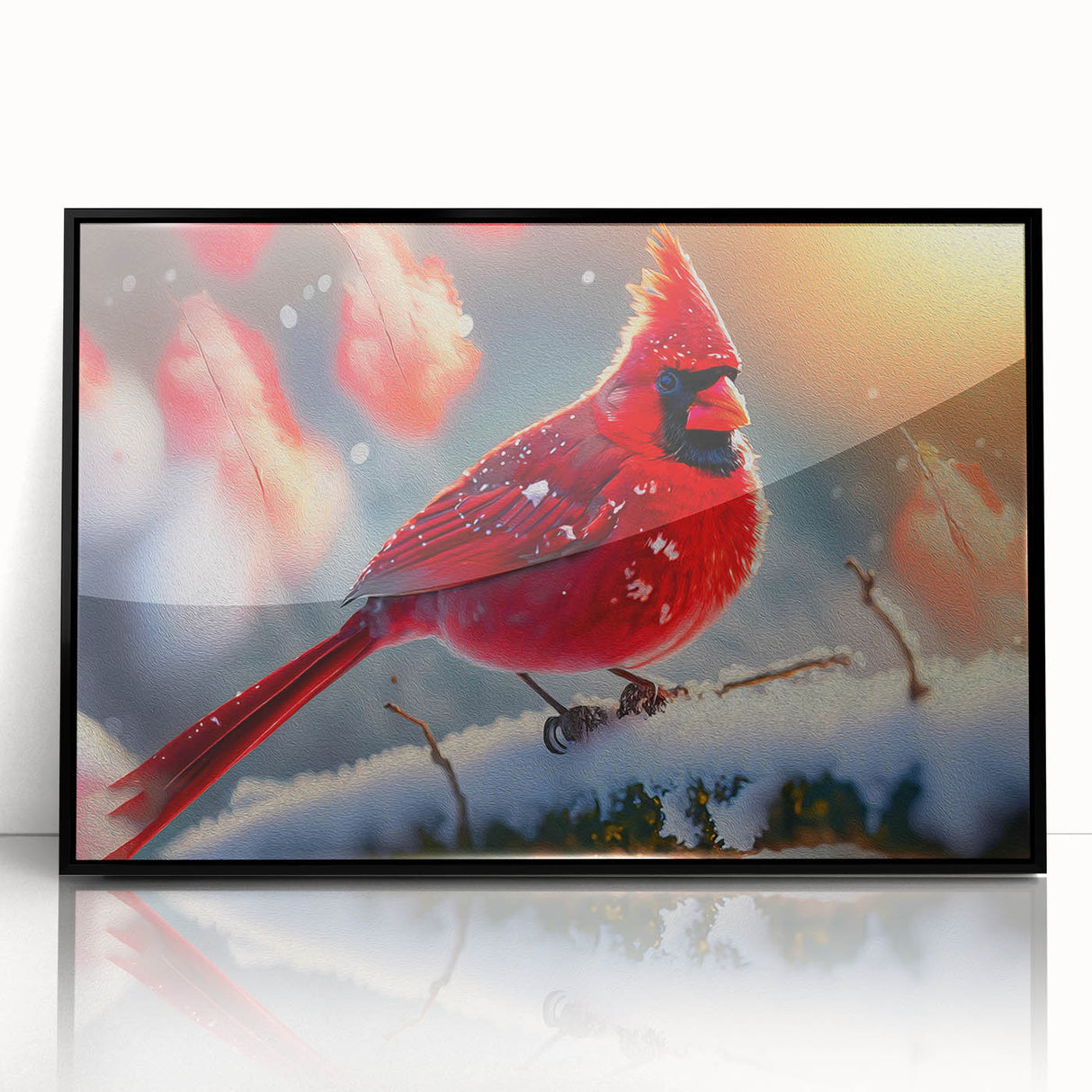 Framed wall art featuring a vibrant cardinal bird design in a black acrylic frame, highlighting its colorful plumage and intricate details, perfect for home decor.