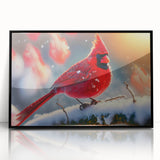 Framed wall art featuring a vibrant cardinal bird design in a black acrylic frame, highlighting its colorful plumage and intricate details, perfect for home decor.