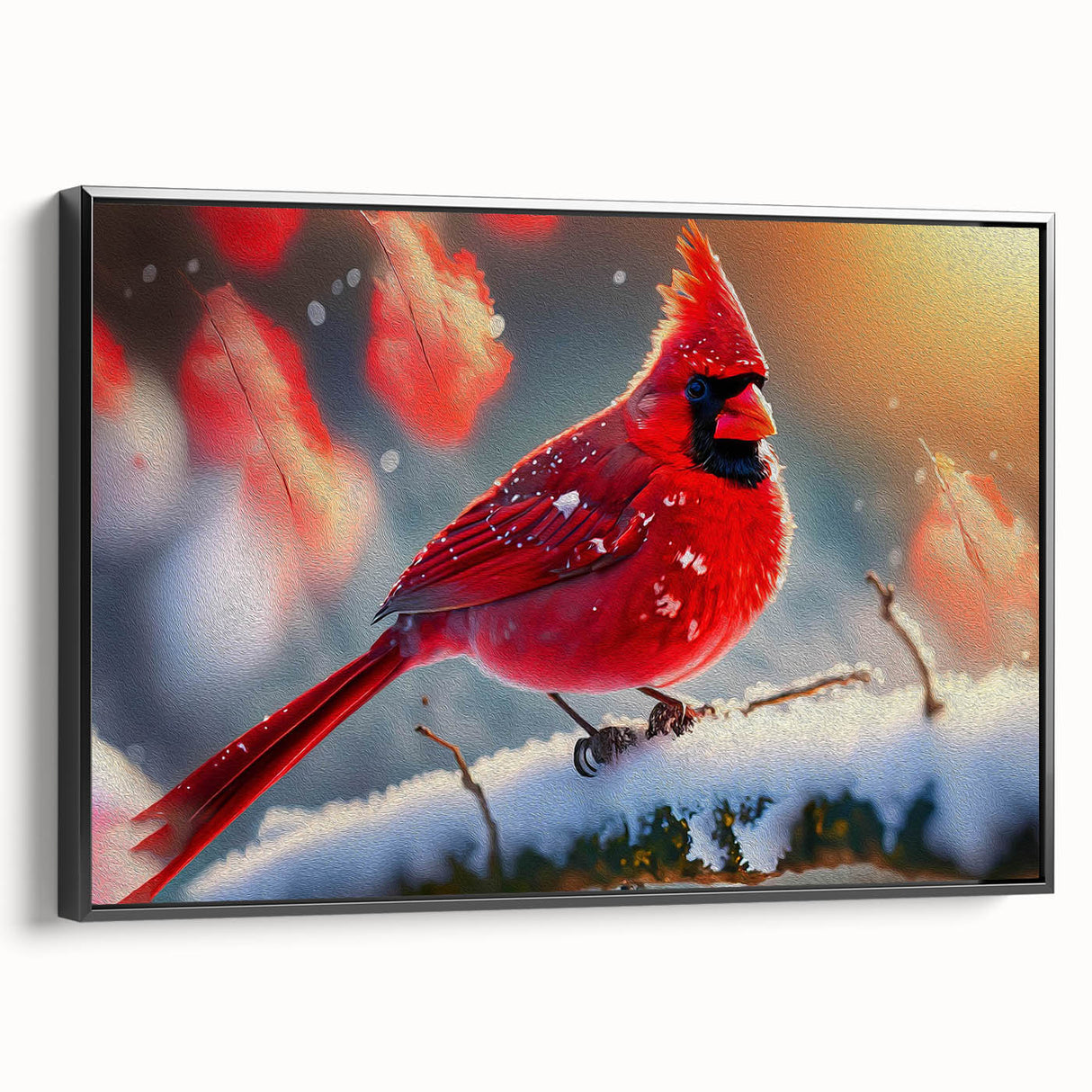 Framed wall art showcasing a vibrant cardinal design on a black canvas, highlighting rich colors and intricate details, perfect for nature lovers' decor.