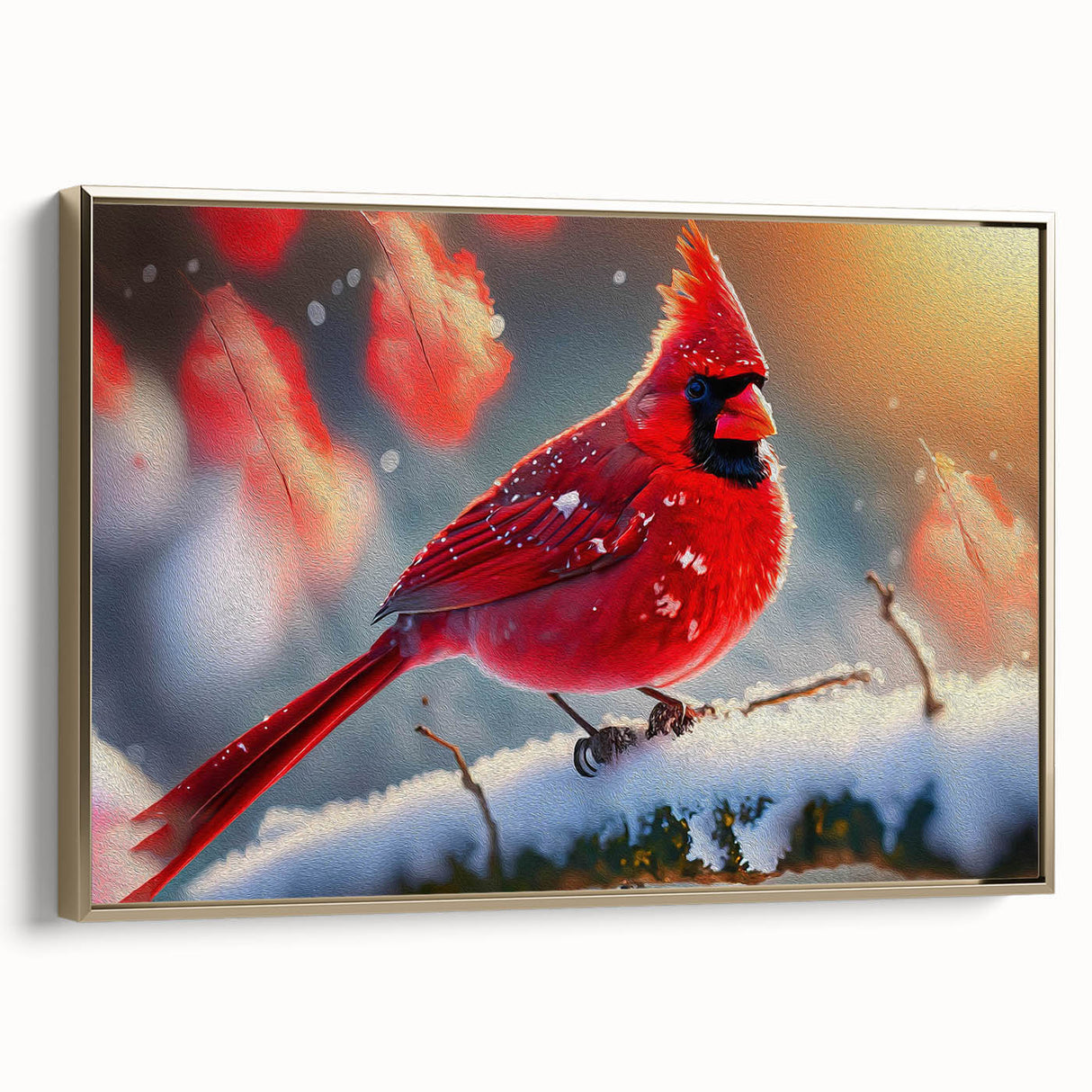 Framed canvas wall art featuring a vibrant cardinal bird design against a gold background, showcasing intricate details and textures, perfect for home decor.