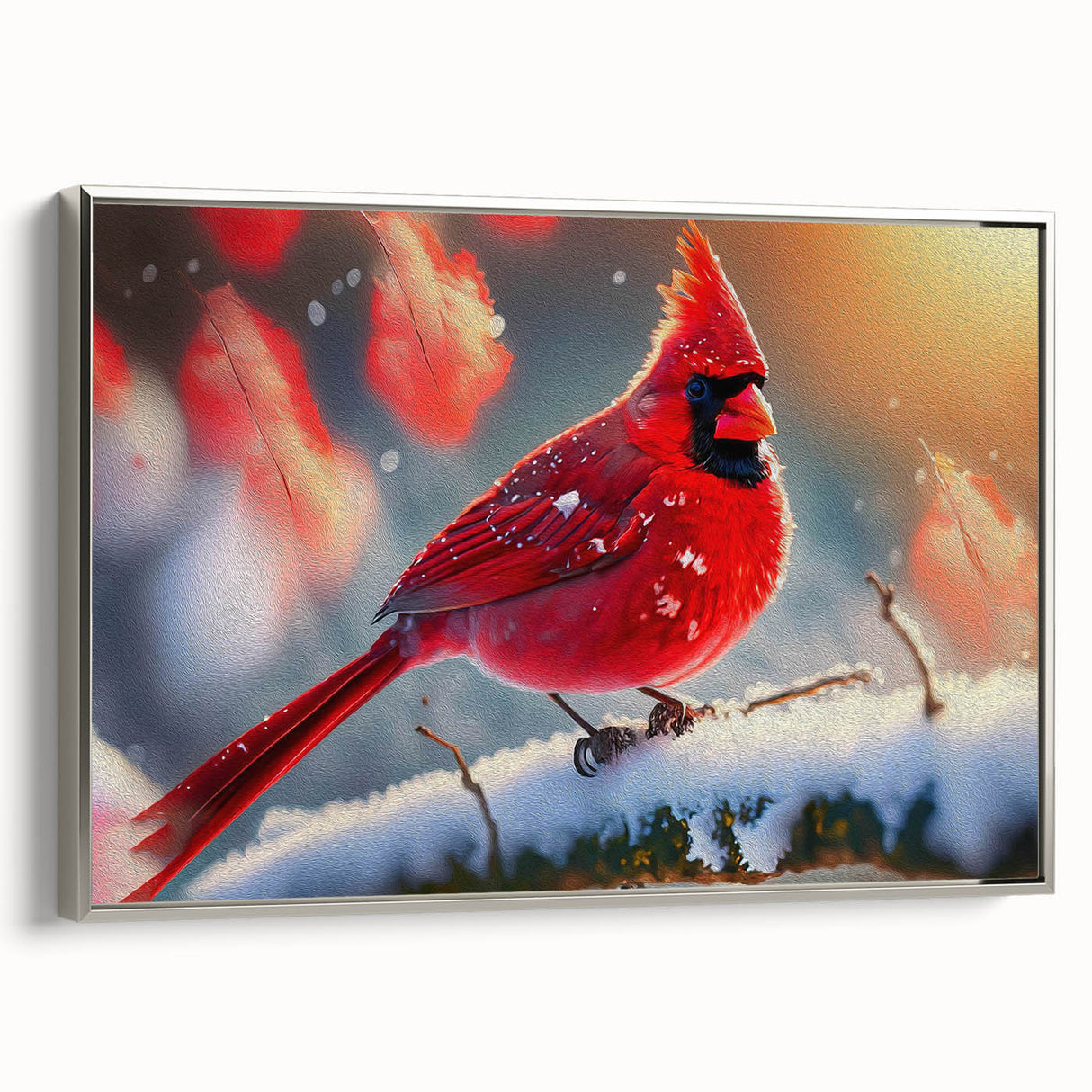 Framed canvas wall art featuring a vibrant cardinal design, showcasing rich red hues and intricate details, set against a sleek silver frame for elegant decor.