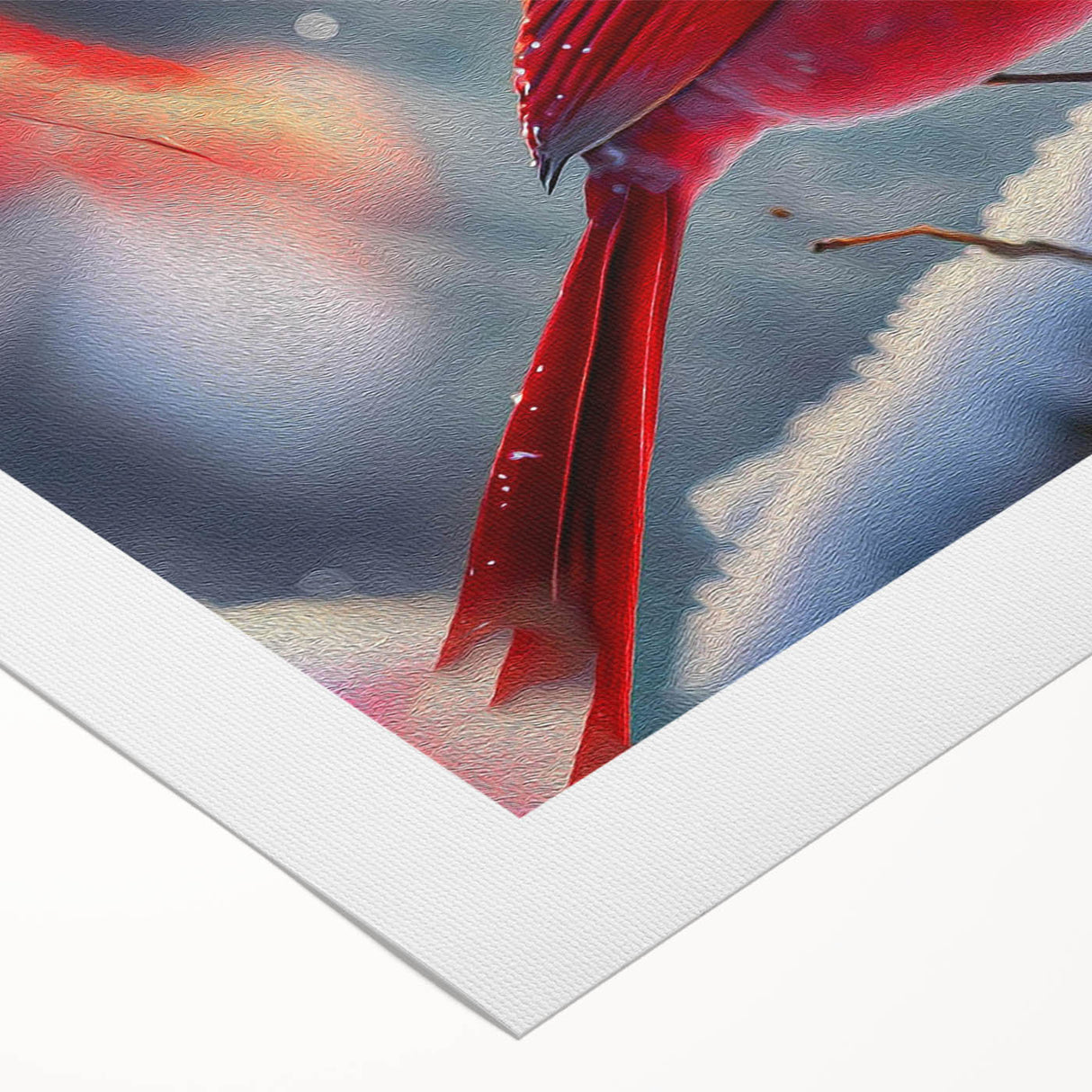 Vibrant rolled canvas artwork showcasing a striking cardinal design, featuring rich red and green colors, ideal for bird lovers and nature enthusiasts. Perfect for enhancing home decor or as a thoughtful gift.