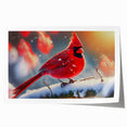 Vibrant cardinal wall art print featuring a detailed illustration of a male cardinal perched on a branch, surrounded by lush green foliage, perfect for nature enthusiasts.