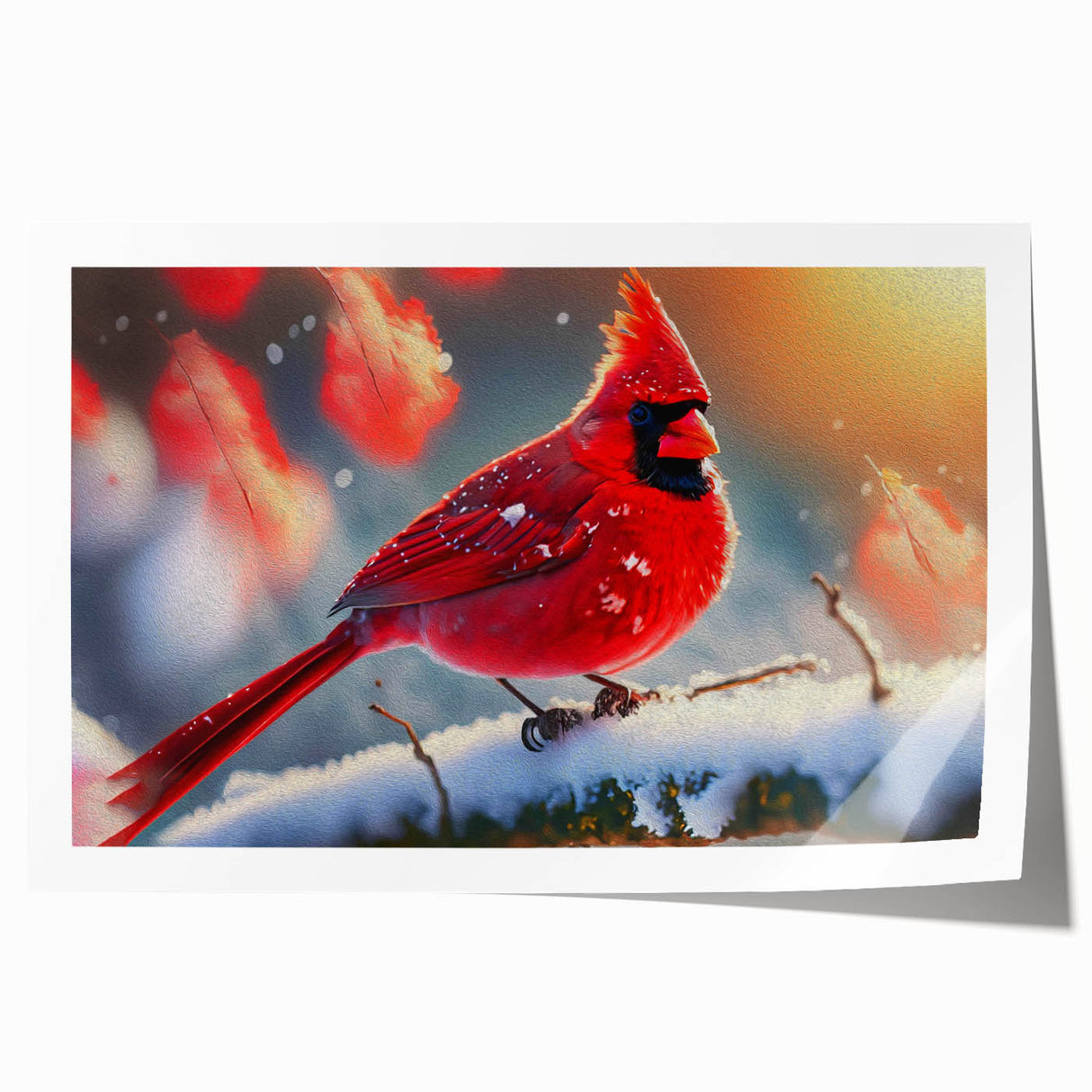 Vibrant cardinal wall art print featuring a detailed illustration of a male cardinal perched on a branch, surrounded by lush green foliage, perfect for nature enthusiasts.