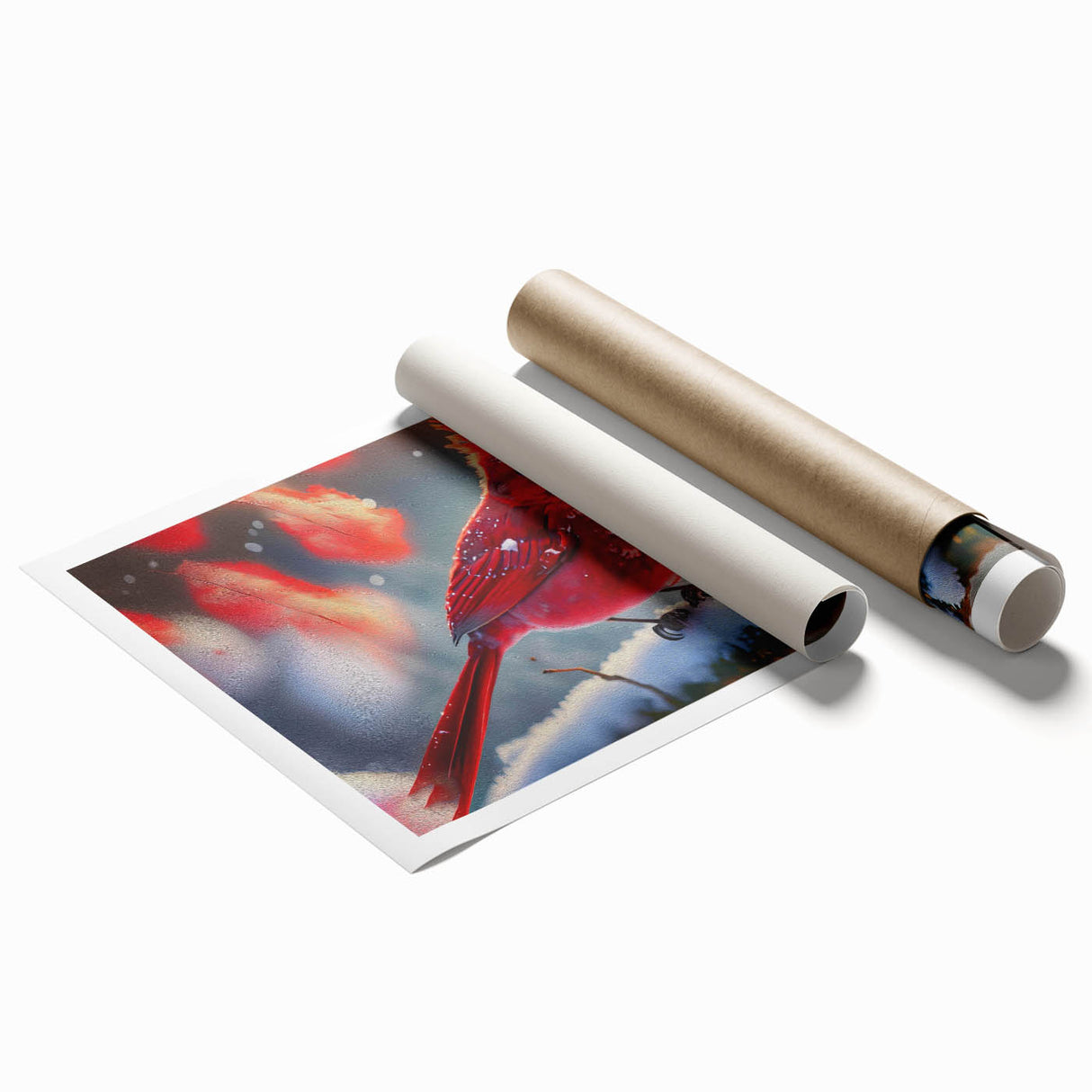 Vibrant rolled print of a cardinal bird design from a wall art collection, featuring rich reds and natural tones, perfect for home decor enthusiasts.