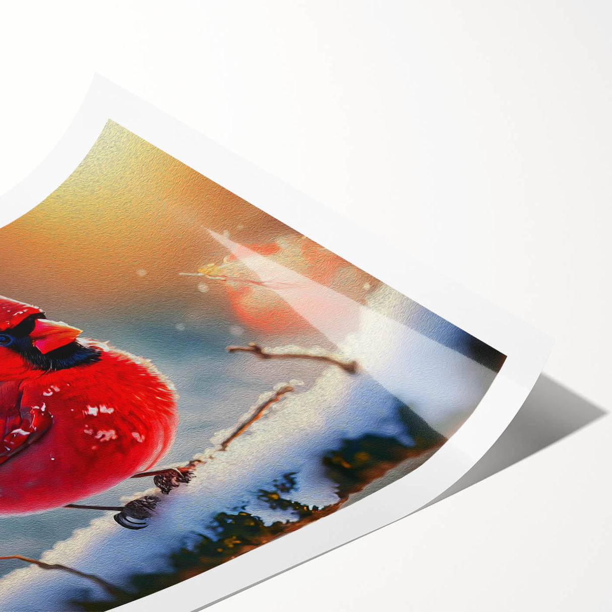 Vibrant wall art print featuring a cardinal bird design, showcasing rich red and green colors on a textured background, rolled for easy shipping and display.