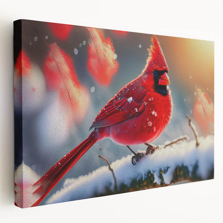 Vibrant canvas wall art showcasing a cardinal bird design in rich reds and greens, featuring a side view of the artwork, perfect for nature-inspired decor.