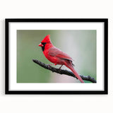 Framed wall art featuring vibrant red cardinals perched on branches, set against a serene backdrop, showcasing intricate details and a stylish black frame with matting. Perfect for nature lovers and home decor enthusiasts.
