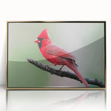 Framed wall art featuring vibrant red cardinal birds perched on branches, set against an elegant gold-acrylic frame, ideal for nature-themed home decor.
