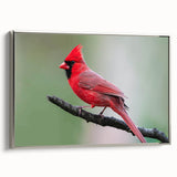 Framed wall art showcasing a vibrant cardinal bird design on canvas, featuring a sleek silver frame, ideal for adding a touch of nature to home decor.