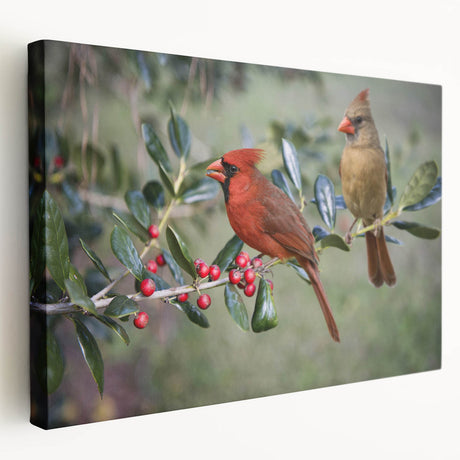 Stretched canvas wall art showcasing a vibrant cardinal bird design, featuring rich red and green colors, ideal for nature-themed decor or bird lovers' collections.
